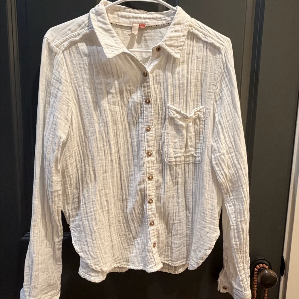 Pilcro Anthropologie Gauzy Button-Down Shirt White Cotton Relaxed Fit Small